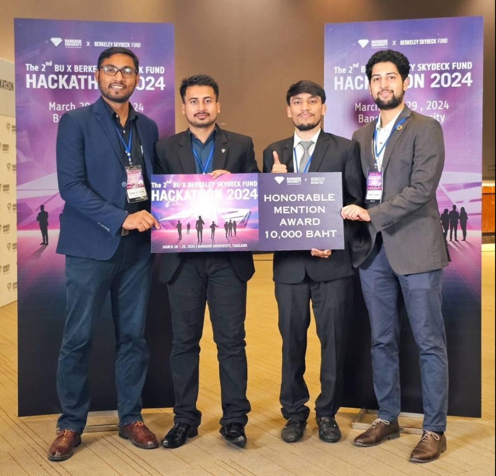 Team Excel in stone with the Prize Money (From left to right) Binay Karna, Rahul Kasaudhan, Muhammad Hammad, and Tungish Uprety